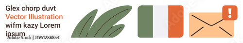 National identity, messaging, notifications, environmental , postal services, visual communication. Irish flag, green leaves and envelope with alert icon. National identity and messaging concepts