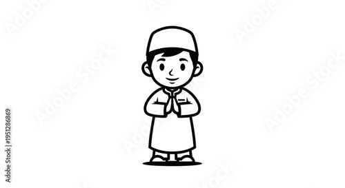 Muslim boy in traditional attire, black and white line art illustration