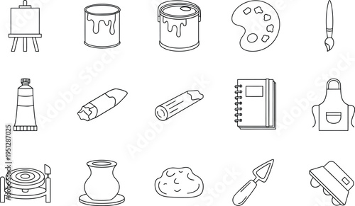 Art studio supplies icons set with easel paint palette brushes clay tools