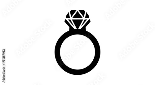 Black and white icon of a diamond ring, engagement symbol, clear background