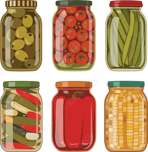 Set of 6 Canned Vegetables and Olives glass Jars