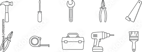 Hand tools power drill icons set with hammer screwdriver wrench pliers saw