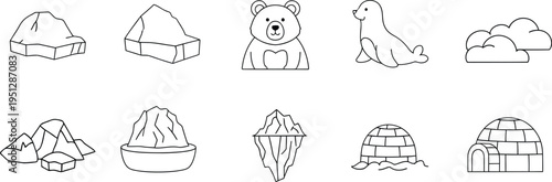 Arctic wildlife icons set with polar bear seal icebergs igloo clouds