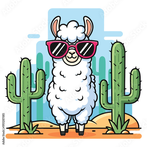funny llama wearing sunglasses in desert vector illustration