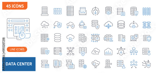 Comprehensive set of data center and cloud computing line icons, representing server infrastructure, network security, and digital storage solutions.