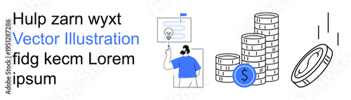 Business growth, financial planning, innovative ideas, investment strategies, presentations, startup planning. A person presenting an idea, coins and floating coin element. Business growth