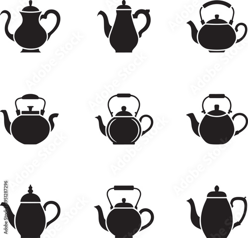 teapots and kettles Collection of diverse black silhouettes featuring various designs icon set