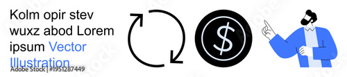 Financial operations, business processes, money management, economy, financial consulting, cash flow. Circular arrows, dollar sign man pointing. Financial operations and business processes concept