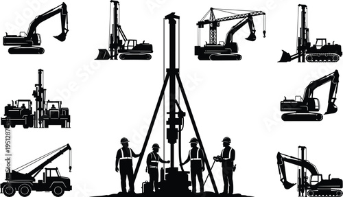 Construction machinery and worker silhouettes including excavators, cranes and drilling rig, showcasing heavy equipment, engineering operations and industrial workforce in infrastructure 
