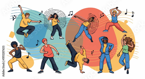 Diverse group of people dancing energetically in colorful circles with music notes conveying joy and freedom of expression in a lively atmosphere