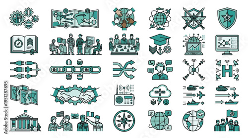 Military and defense icon set. Strategy, logistics, global cooperation, peacekeeping, defense technology, security, intelligence, mission planning, digital warfare, teal line art vector icon