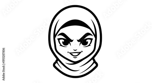 Black and White Cartoon of a Woman in Hijab, Vector Art