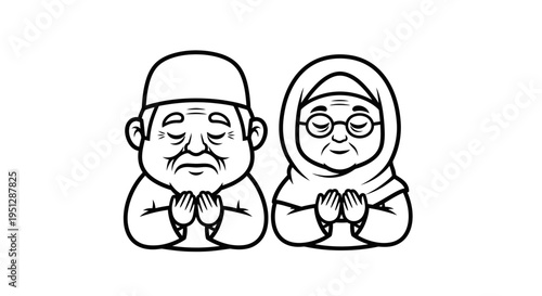 Muslim Couple Praying Together, Black and White Line Art