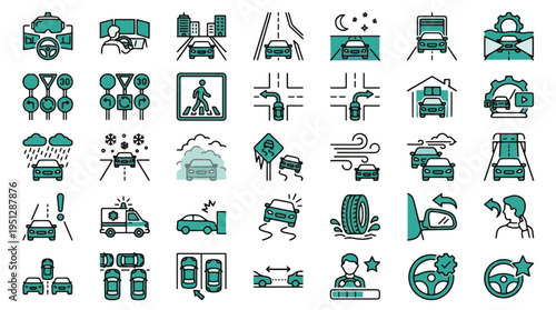 Driving and Road Safety Icon Set. Car, Traffic, Education, Driver, Training, Simulator, Auto, Vehicle, Safety, Transport, Highway, Parking, Weather, Rules, Street