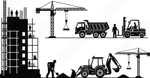 Construction site silhouette with building, tower crane, dump truck, forklift and excavator, showcasing workers and heavy machinery in urban infrastructure 