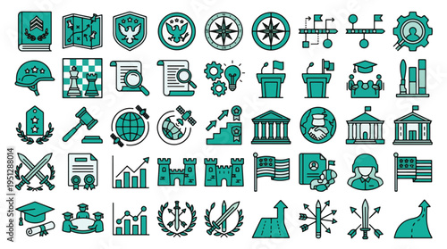 Military and government icon set. Strategy, leadership, defense, politics, rank, army, mission, planning, administration, diplomacy, authority, history, education, career, global