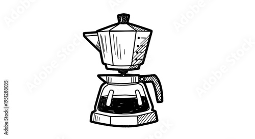 Black and White Line Art Coffee Maker Doodled Illustration