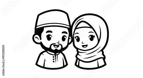 Cute Muslim Couple Black and White Line Art Vector Illustration