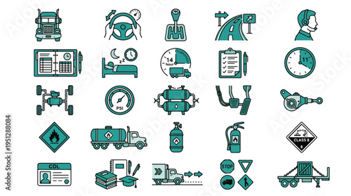 Trucking and logistics icon set. Semi truck, driver, CDL, delivery, freight, transport, shipping, maintenance, safety, road, cargo, trailer, hazard, haulage, tools. Flat line vector icons.