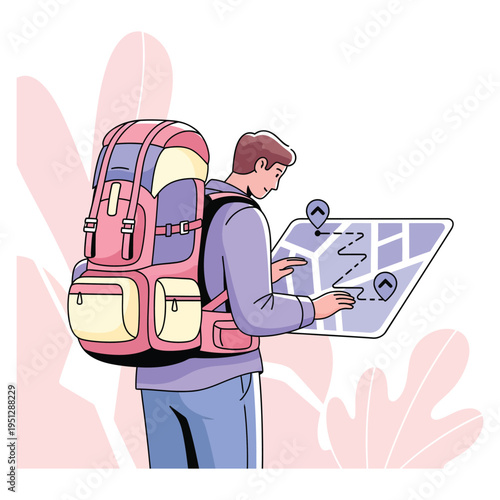 young traveler with backpack studying a map vector illustration