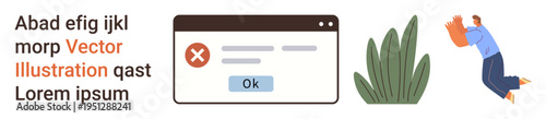 Web interface design, system alert, website error, software notification, nature, active movement. Error popup with button, abstract plant and jumping person. Web design and system alert concept