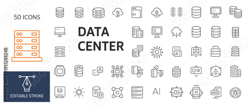 Modern data center and server infrastructure line icons for cloud technology and information management.