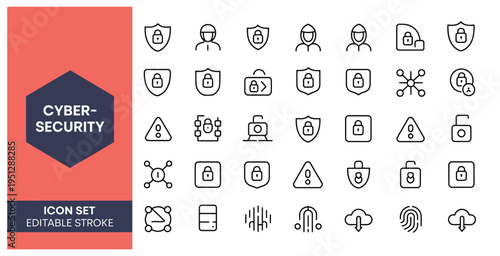 Cyber-security icon set featuring data protection, network safety, and digital threat prevention elements.