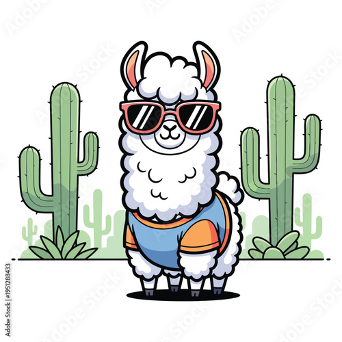 funny llama wearing sunglasses in desert vector illustration