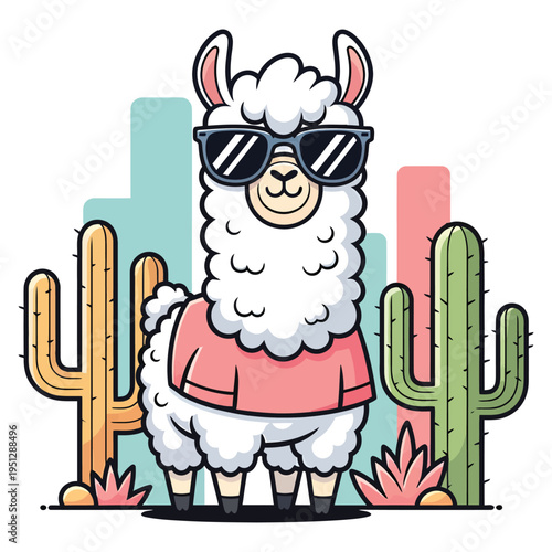 Llama wearing sunglasses and a t-shirt standing in a desert vector illustration