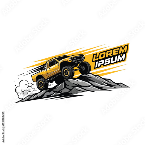 A yellow off-road truck drives up a rocky hill with a 4x4 logo and Lorem Ipsum text in a dynamic graphic design