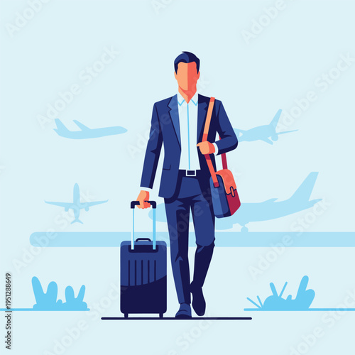 businessman walking with luggage at airport vector illustration