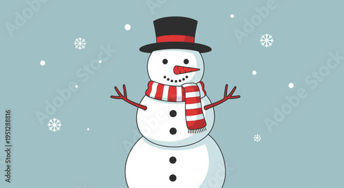 Smiling cartoon snowman with hat and scarf in a winter scene