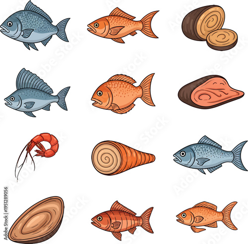 Seafood Vector Set  Fish, Crab, Lobster, Shrimp, Squid, Oyster, Mussel, Clam Icons Collection