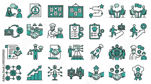 Culinary education and business icon set. Chef training, cooking school, restaurant management, professional catering career, food industry partnership, kitchen apprenticeship