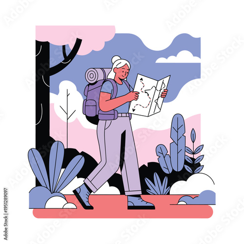 woman hiking with backpack and map vector illustration