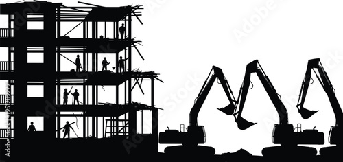 Construction site silhouette with workers inside unfinished building and excavators digging ground, industrial development scene showing teamwork, heavy machinery and urban infrastructure progress 