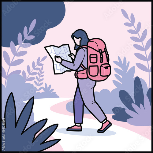 woman hiking with backpack and map vector illustration