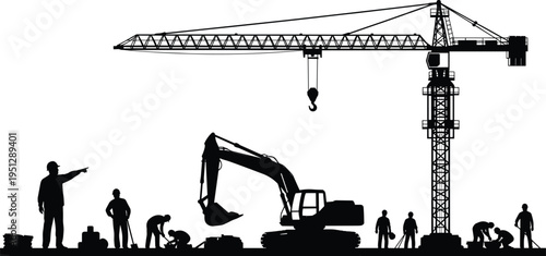 Construction site silhouette with workers, excavator digging and tower crane lifting hook, illustrating heavy machinery operation, teamwork and industrial d on 