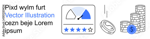 Financial rating, investment decisions, economic growth, business analysis, performance review, monetary savings. What you see a performance meter with stars and currency. Financial rating