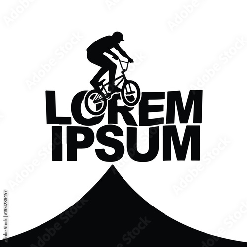 A black silhouette of a bmx cyclist riding a bike on a tshirt with bold text and a mountain peak design