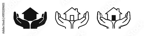 Hands Holding Home Icon Set Representing Real Estate, Housing, and Property Protection Concept.