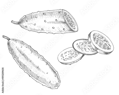 Cucumbers. Vector ink styled handmade illustration. For packaging design, cards, cover, prints, product labels and fabric.