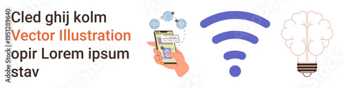 Digital communication, technology, innovation, creative solutions, wireless networks, knowledge sharing. Smartphone clicking, wireless and light bulb graphics. Digital communication and technology