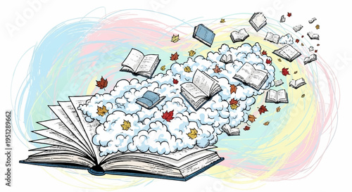 Open book with colorful confetti and paper pieces flying out symbolizing celebration and knowledge explosion in a whimsical setting