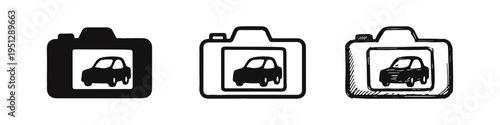 Automotive Photography Camera Icon Set with Car Image and Flash for Inspection and Claims.