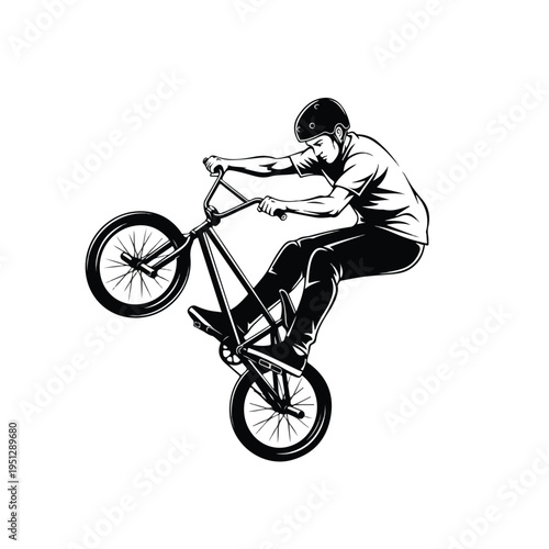 A black and white illustration of a bmx rider performing a trick on a bike with a solid white background