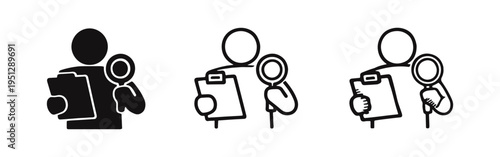 Professional Examiner with Magnifying Glass and Clipboard Icon Set for Data Analysis and Verification.