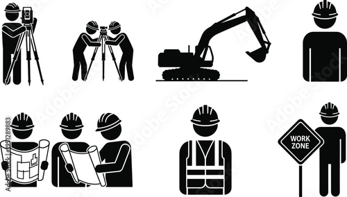 Construction worker and engineer silhouettes with surveying equipment, excavator, blueprint planning and safety sign, representing industrial workforce, site management and infrastructure 