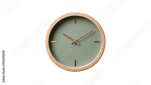 Foto Isolated modern wall clock with sage green face and wooden frame on blank backdr