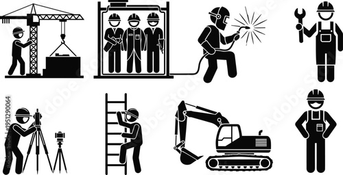 Construction worker icon set with crane operation, welding, surveying and excavator machinery, representing engineering tasks, industrial labor, safety equipment and infrastructure 